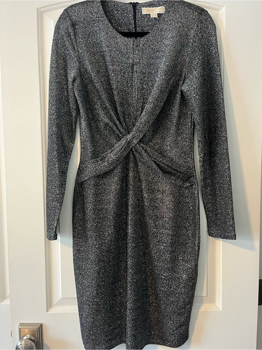 Metallic Twist-Front Long-Sleeve Cocktail Dress - Black/Silver